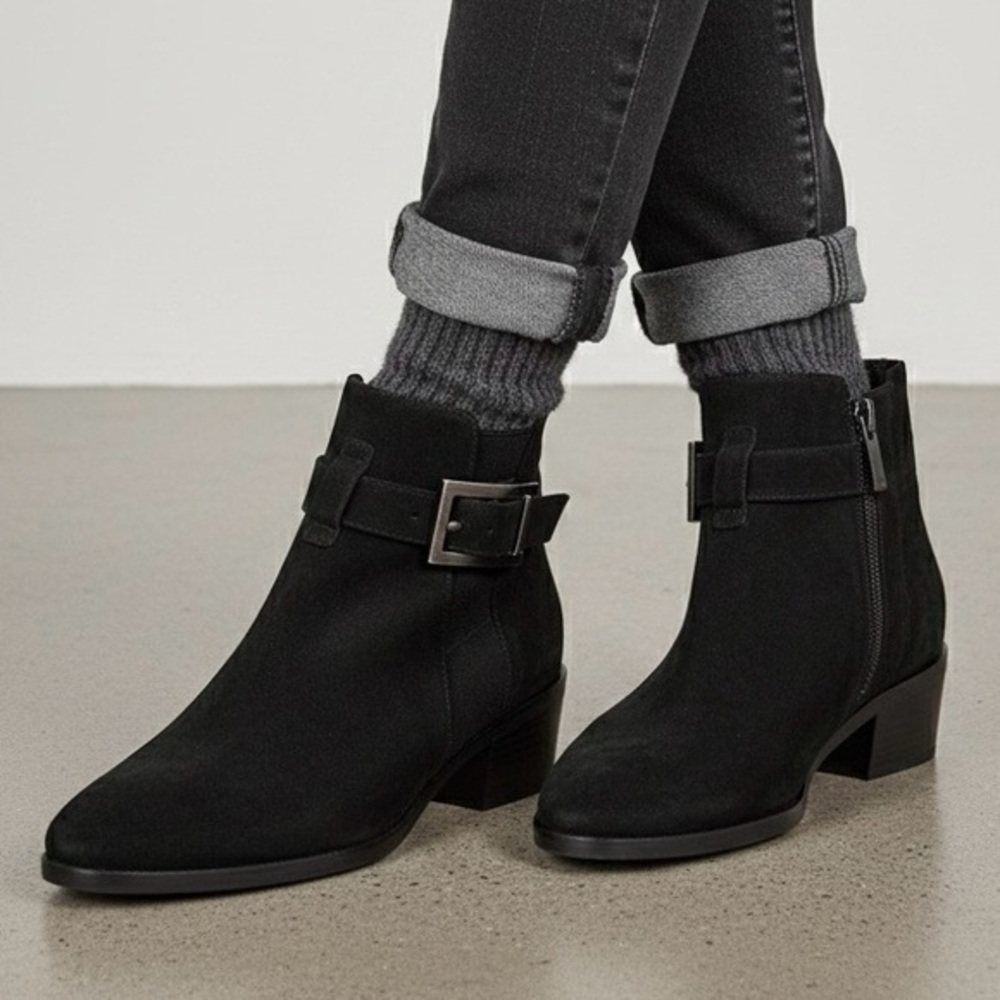 AQUATALIA Florene Black Suede Buckle Ankle Booties Weatherproof